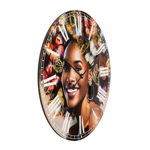 Horloge Murale 60 Cm En Mdf Avec Femme Et Papillons Colorés Dans Les Cheveux