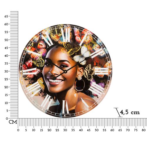 Horloge Murale 60 Cm En Mdf Avec Femme Et Papillons Colorés Dans Les Cheveux