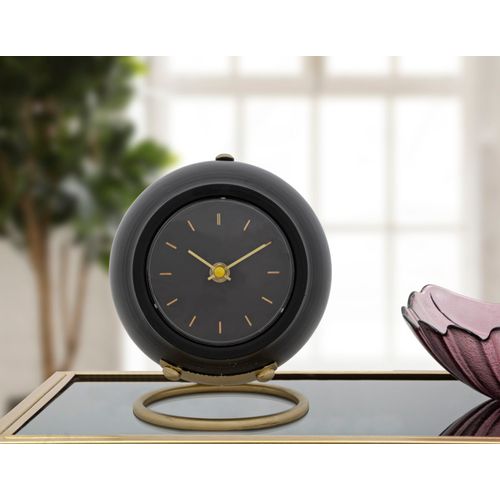 Horloge De Table Noire Et Dorée Avec Socle Métallique, Lignes Arrondies, 16x13x19 Cm