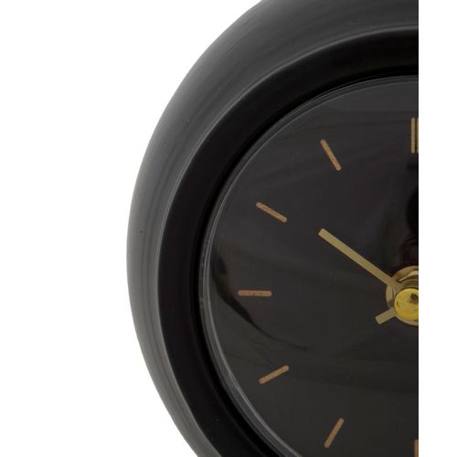 Horloge De Table Noire Et Dorée Avec Socle Métallique, Lignes Arrondies, 16x13x19 Cm