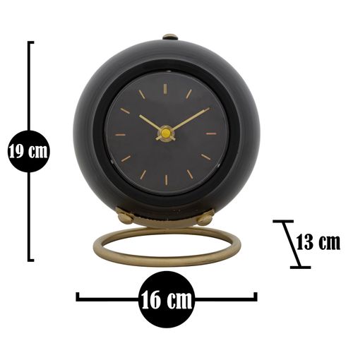 Horloge De Table Noire Et Dorée Avec Socle Métallique, Lignes Arrondies, 16x13x19 Cm