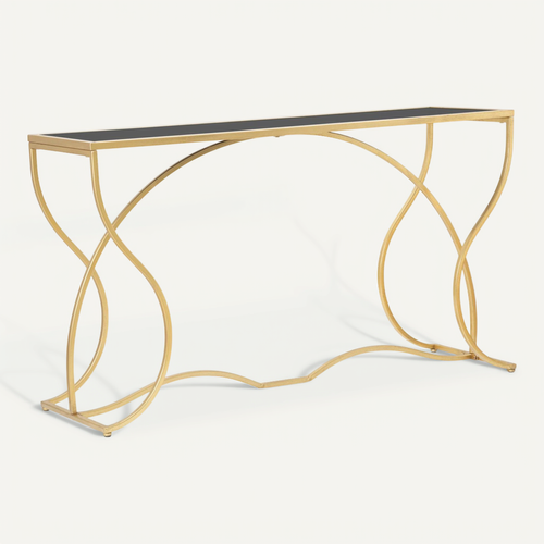 Console élégante Dorée Avec étagère Miroir Noire, Design Sinueux 130x40x75 Cm