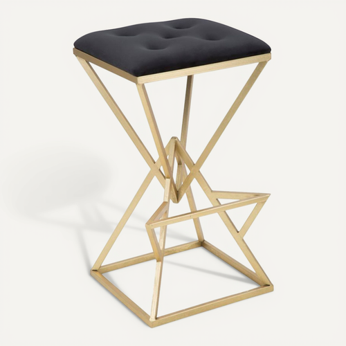 Tabouret De Bar 40x40x75 Cm Métal Doré Et Tissu Style Art Déco Luxe