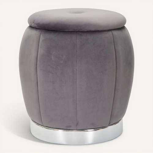 Pouf De Rangement D. 43 Cm Velours Gris Style Hollywood Glamour