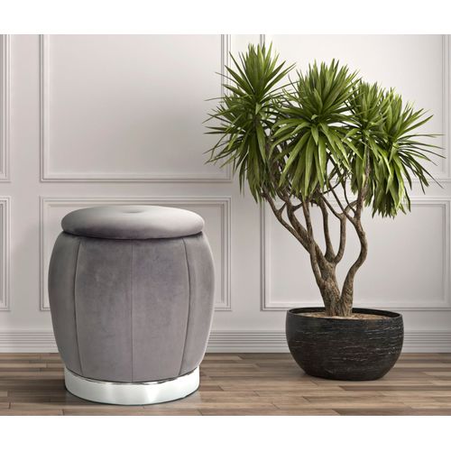 Pouf De Rangement D. 43 Cm Velours Gris Style Hollywood Glamour