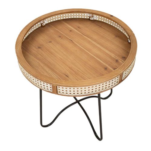 Table D'appoint Ronde 60x60,5 Cm En Métal Noir Avec Bord En Bois Et Décoration En Paille De Vienne