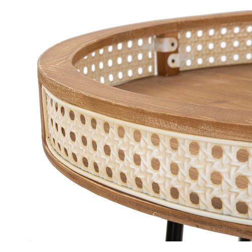 Table D'appoint Ronde 60x60,5 Cm En Métal Noir Avec Bord En Bois Et Décoration En Paille De Vienne