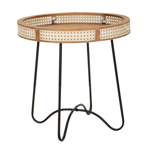 Table D'appoint Ronde 60x60,5 Cm En Métal Noir Avec Bord En Bois Et Décoration En Paille De Vienne