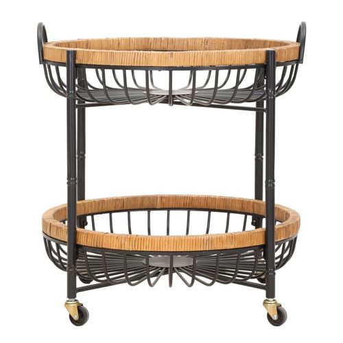 Table d'appoint Ronde Trolley Boho Chic Avec Étagères En Métal Et Rotin 57x55,5x62,5 Cm