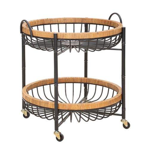 Table d'appoint Ronde Trolley Boho Chic Avec Étagères En Métal Et Rotin 57x55,5x62,5 Cm