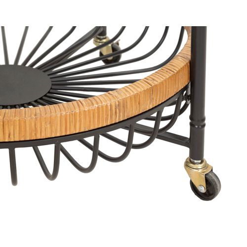 Table d'appoint Ronde Trolley Boho Chic Avec Étagères En Métal Et Rotin 57x55,5x62,5 Cm