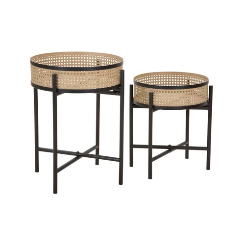 Lot De 2 Tables Rondes Porte-vases Boho Chic En Métal Avec Bols Style Rotin 40x50-35x40 Cm