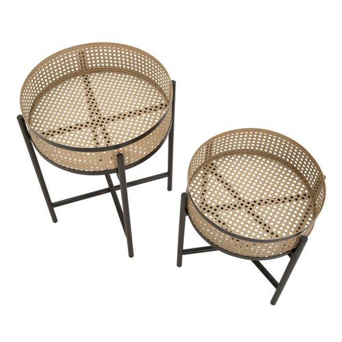 Lot De 2 Tables Rondes Porte-vases Boho Chic En Métal Avec Bols Style Rotin 40x50-35x40 Cm