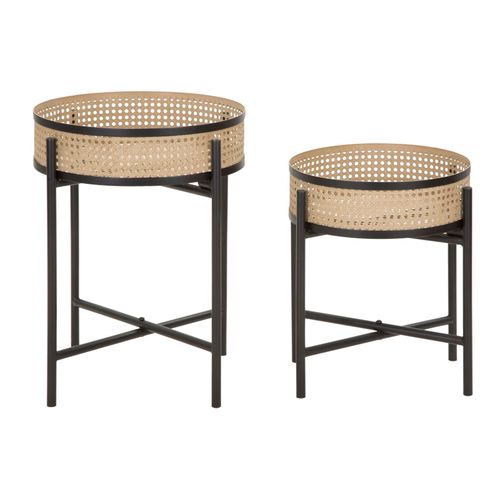 Lot De 2 Tables Rondes Porte-vases Boho Chic En Métal Avec Bols Style Rotin 40x50-35x40 Cm