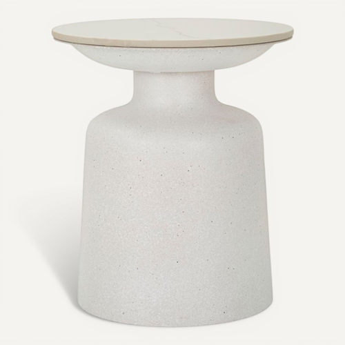 Table D'appoint Ronde D.40x47 Cm En Métal Et Céramique Effet Marbre Blanc