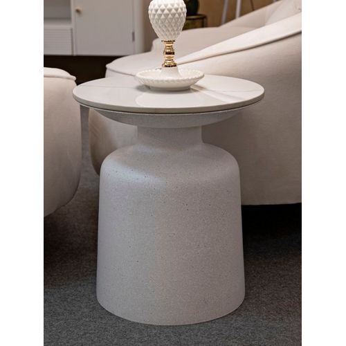 Table D'appoint Ronde D.40x47 Cm En Métal Et Céramique Effet Marbre Blanc