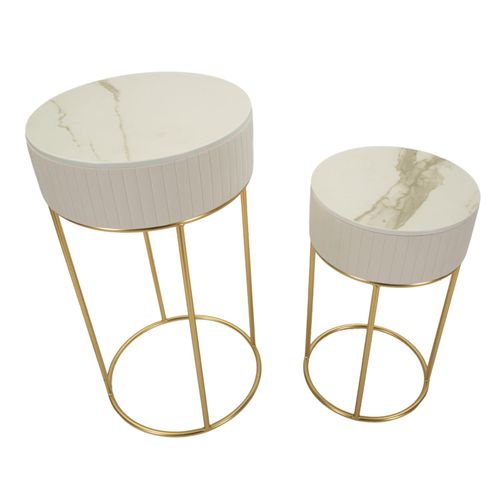 Ensemble 2 Table D'appoint Hautes Rondes D.50x90-40x70 Cm Crème Et Or En Bois Et Métal