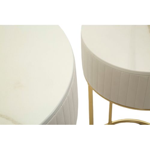 Ensemble 2 Table D'appoint Hautes Rondes D.50x90-40x70 Cm Crème Et Or En Bois Et Métal