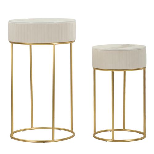 Ensemble 2 Table D'appoint Hautes Rondes D.50x90-40x70 Cm Crème Et Or En Bois Et Métal