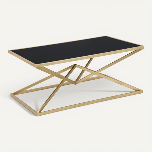 Table Basse Rectangulaire D.110x60 Cm Métal Doré Et Verre Noir Glamour