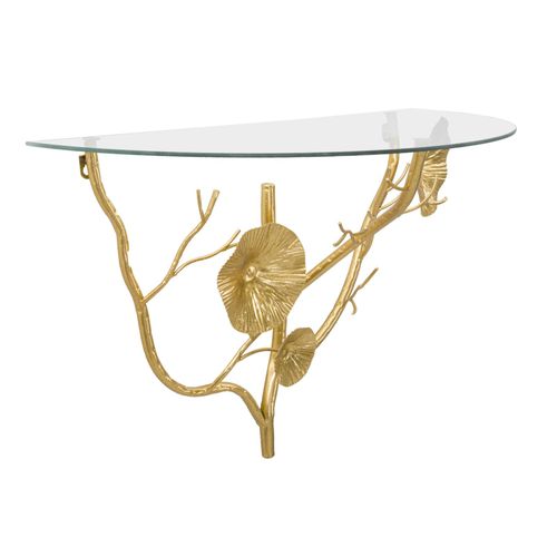 Table De Chevet Semi-circulaire 60x30x40 Cm Métal Doré Et Plateau Verre