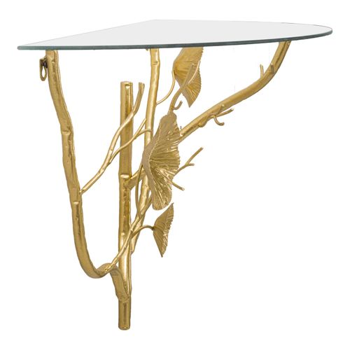 Table De Chevet Semi-circulaire 60x30x40 Cm Métal Doré Et Plateau Verre