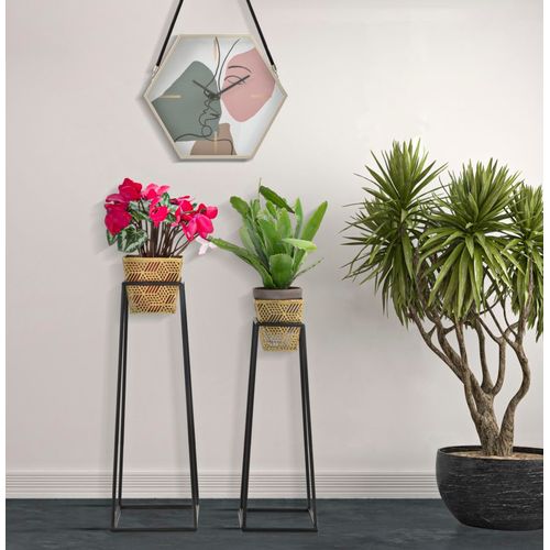 Porte-vases Carrés 2 Pièces 23x70-20x60 Cm, Métal Doré Et Noir Élégant