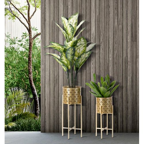 Paire De Porte-vases En Métal Doré Avec Socle Amovible, Ø 21x52-19x42 Cm