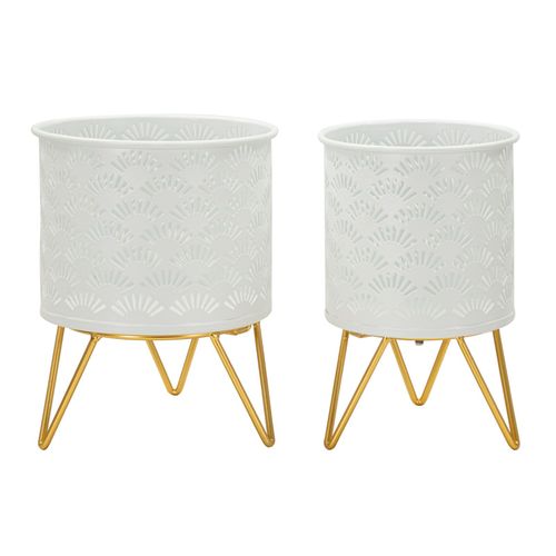 Paire De Porte-vases En Métal Blanc Et Doré, Décor Géométrique, Ø 16x20-13x20 Cm