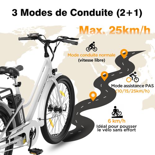 Vélo électrique 27.5" - 250w - Batterie Amovible 36v13ah - App -blanc+hitway Panier Arrière