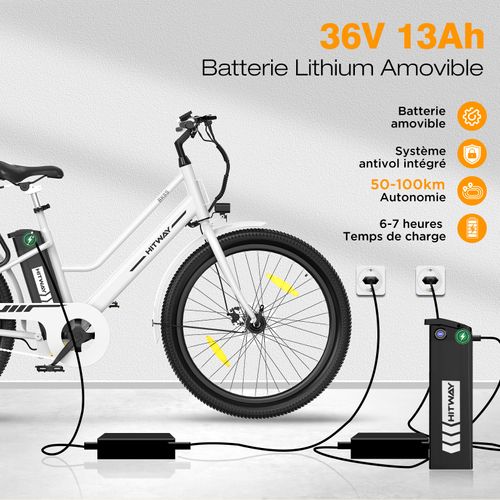 Vélo électrique 27.5" - 250w - Batterie Amovible 36v13ah - App -blanc+hitway Panier Arrière