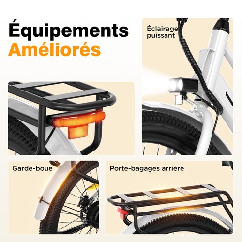 Vélo électrique 27.5" - 250w - Batterie Amovible 36v13ah - App -blanc+hitway Panier Arrière