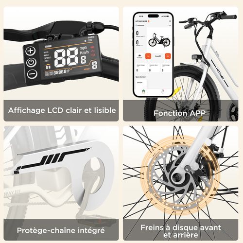 Vélo électrique 27.5" - 250w - Batterie Amovible 36v13ah - App -blanc+hitway Panier Arrière