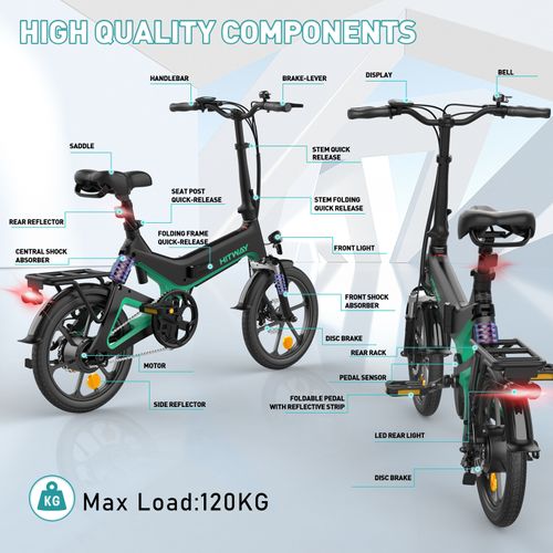 Vélo Électrique Pliable De 16" - Alliage De Magnésium - Hauteur Réglable - Freins à Double Disque