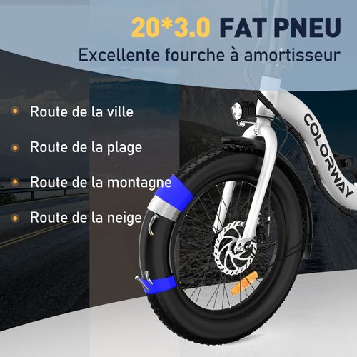 Colorway Vélo Électrique Pliable 20"*3.0 Gros Pneus, Batterie 36v 12ah, E-bike Pliant, Blanc