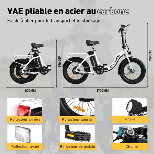 Colorway Vélo Électrique Pliable 20"*3.0 Gros Pneus, Batterie 36v 12ah, E-bike Pliant, Blanc