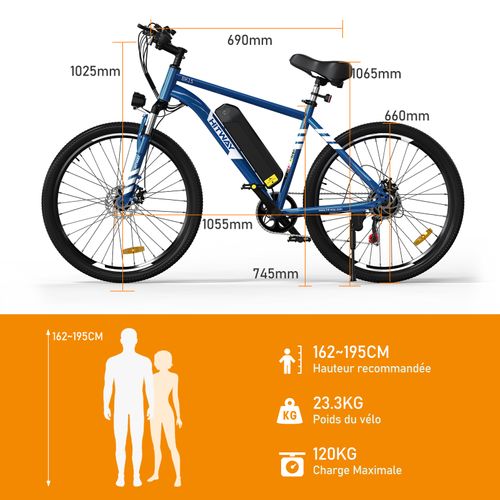 Hitway Vélo électrique Vae 27.5" Bleu, Batterie Amovible 36v13ah, 7-vitesses, Vtt Ville E-bike