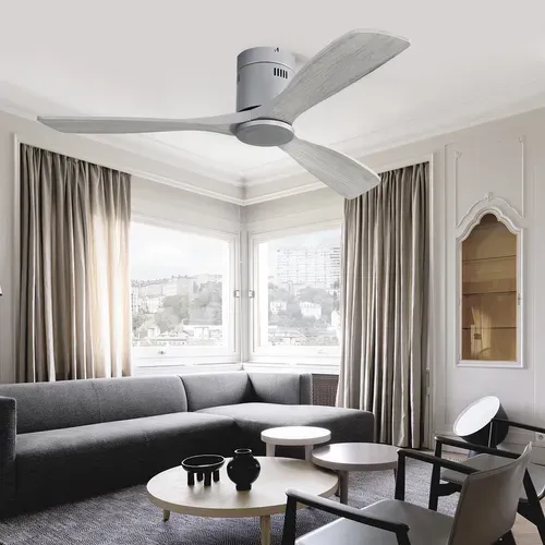 Ventilateur Plafond 52", 3 Pales Bois Sculpté, Moteur Réversible Silencieux, Sans Lumière