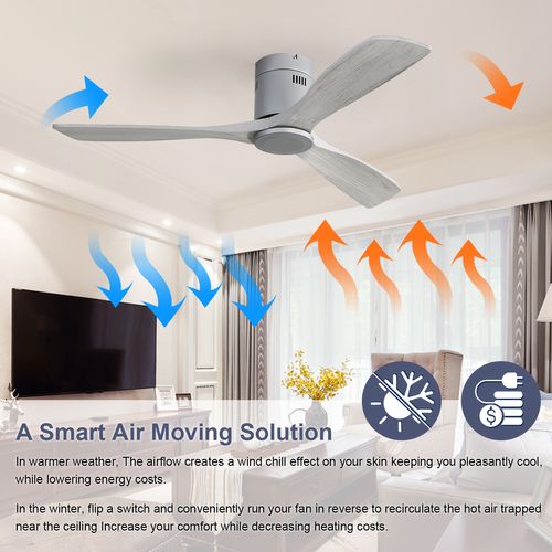 Ventilateur Plafond 52", 3 Pales Bois Sculpté, Moteur Réversible Silencieux, Sans Lumière