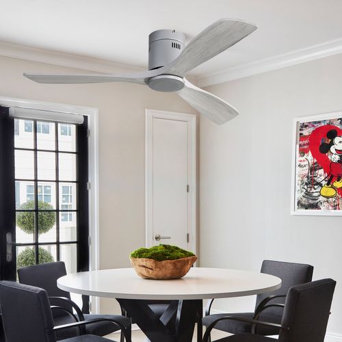 Ventilateur Plafond 52", 3 Pales Bois Sculpté, Moteur Réversible Silencieux, Sans Lumière