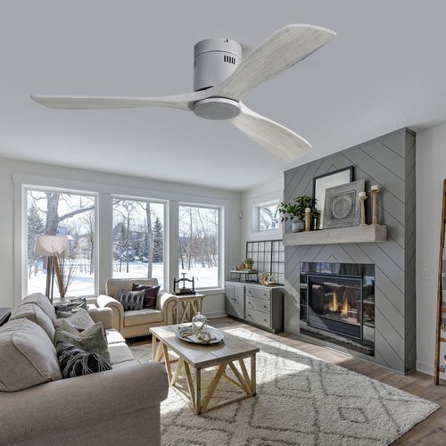 Ventilateur Plafond 52", 3 Pales Bois Sculpté, Moteur Réversible Silencieux, Sans Lumière
