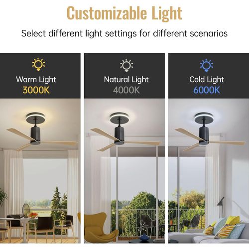 Ventilateur Plafond 52", Moderne, Montage Affleurant, LED, 3 Pales Abs, Moteur Réversible Patio