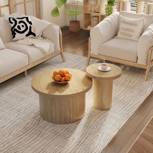 Table Basse Ronde Double,avec Lattes En Bois Naturel,table Multifonctionnelle Pour Salon