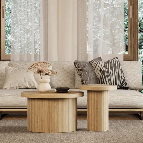 Table Basse Ronde Double,avec Lattes En Bois Naturel,table Multifonctionnelle Pour Salon