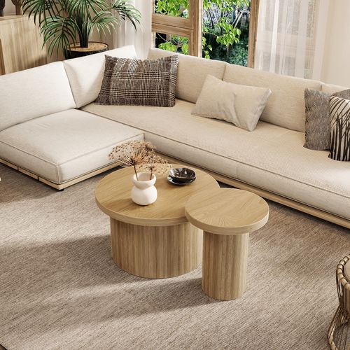 Table Basse Ronde Double,avec Lattes En Bois Naturel,table Multifonctionnelle Pour Salon