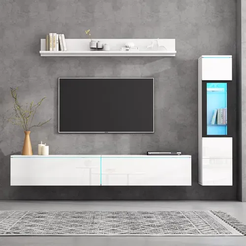 Ensemble Mural TV 3 Pièces Blanc Brillant Avec éclairage LED, 1 Meuble TV, 1 Vitrine, 1 étagère