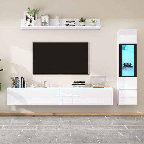 Ensemble Mural TV 3 Pièces Blanc Brillant Avec éclairage LED, 1 Meuble TV, 1 Vitrine, 1 étagère