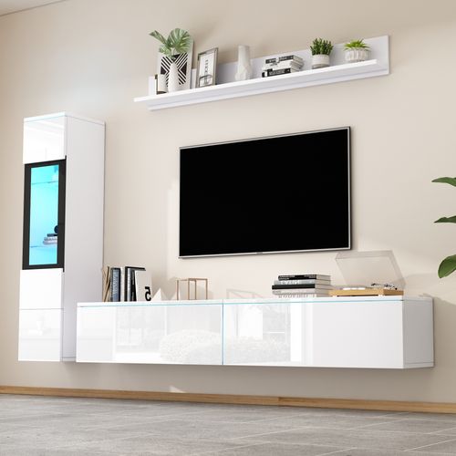 Ensemble Mural TV 3 Pièces Blanc Brillant Avec éclairage LED, 1 Meuble TV, 1 Vitrine, 1 étagère