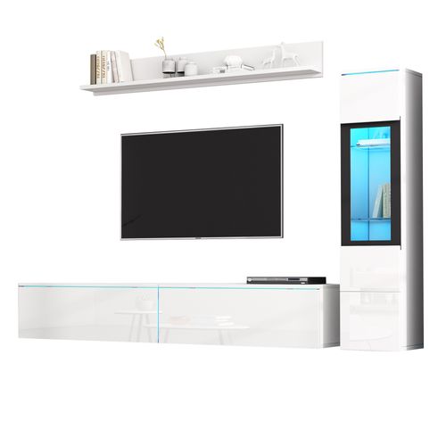 Ensemble Mural TV 3 Pièces Blanc Brillant Avec éclairage LED, 1 Meuble TV, 1 Vitrine, 1 étagère