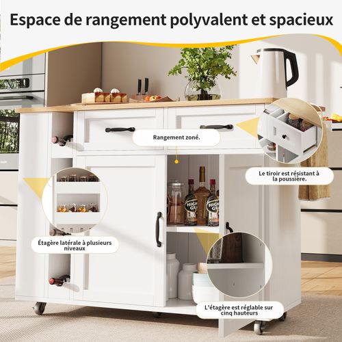 Îlot De Cuisine Mobile Avec Table Pliante - 129x71x91.5 Cm - 5 Roues, 2 Tiroirs, Rangement - Noir - 10